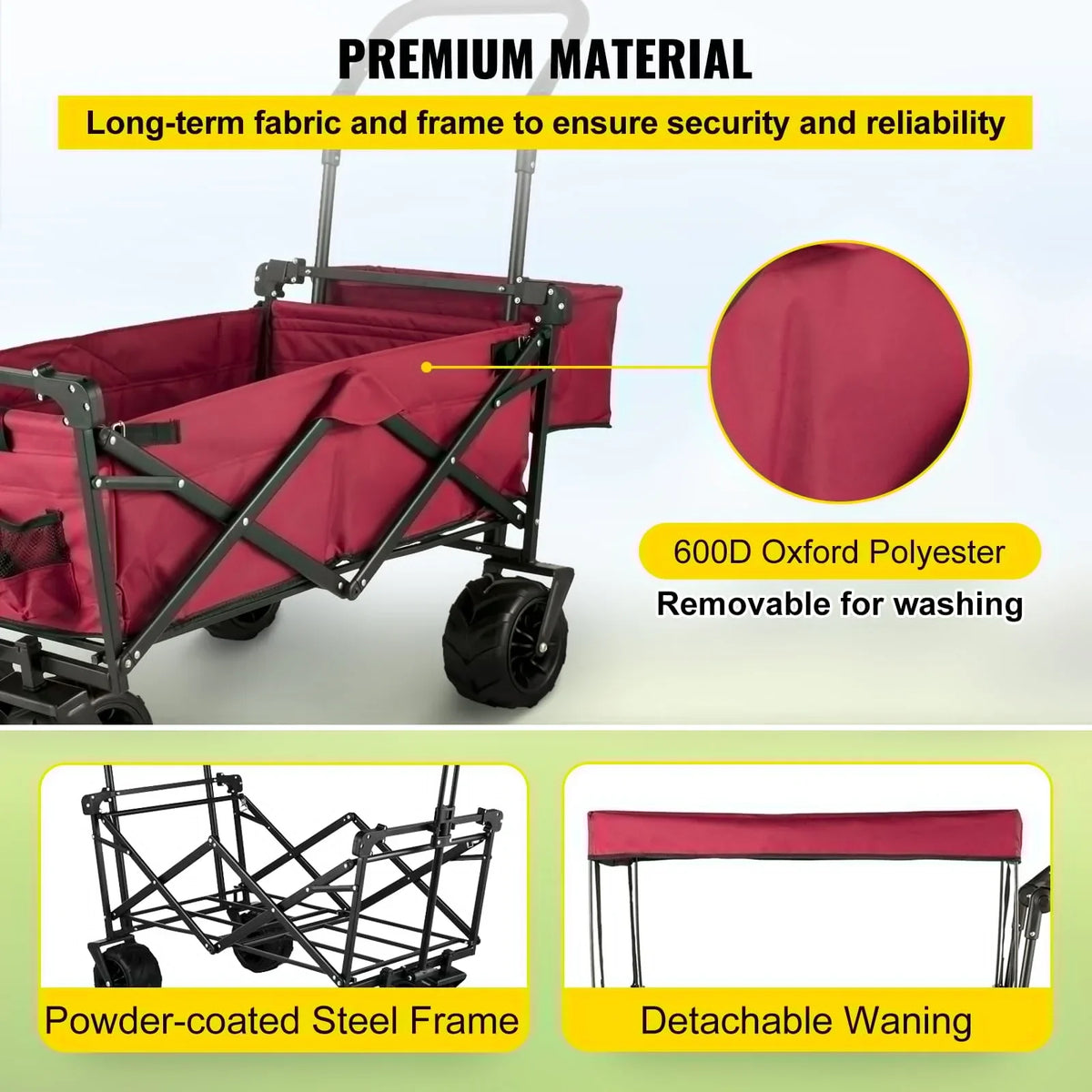 Red Collapsible Wagon Cart With Canopy, 220.5 lbs Capacity, 39 x 21.4 x 39 inches