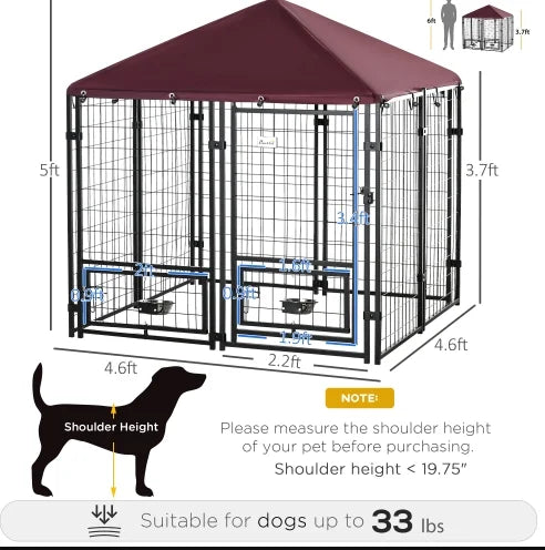 Outdoor Dog Kennel With Rotating Bowl Holders, 5 ft x 5 ft x 5 ft, Black And Red