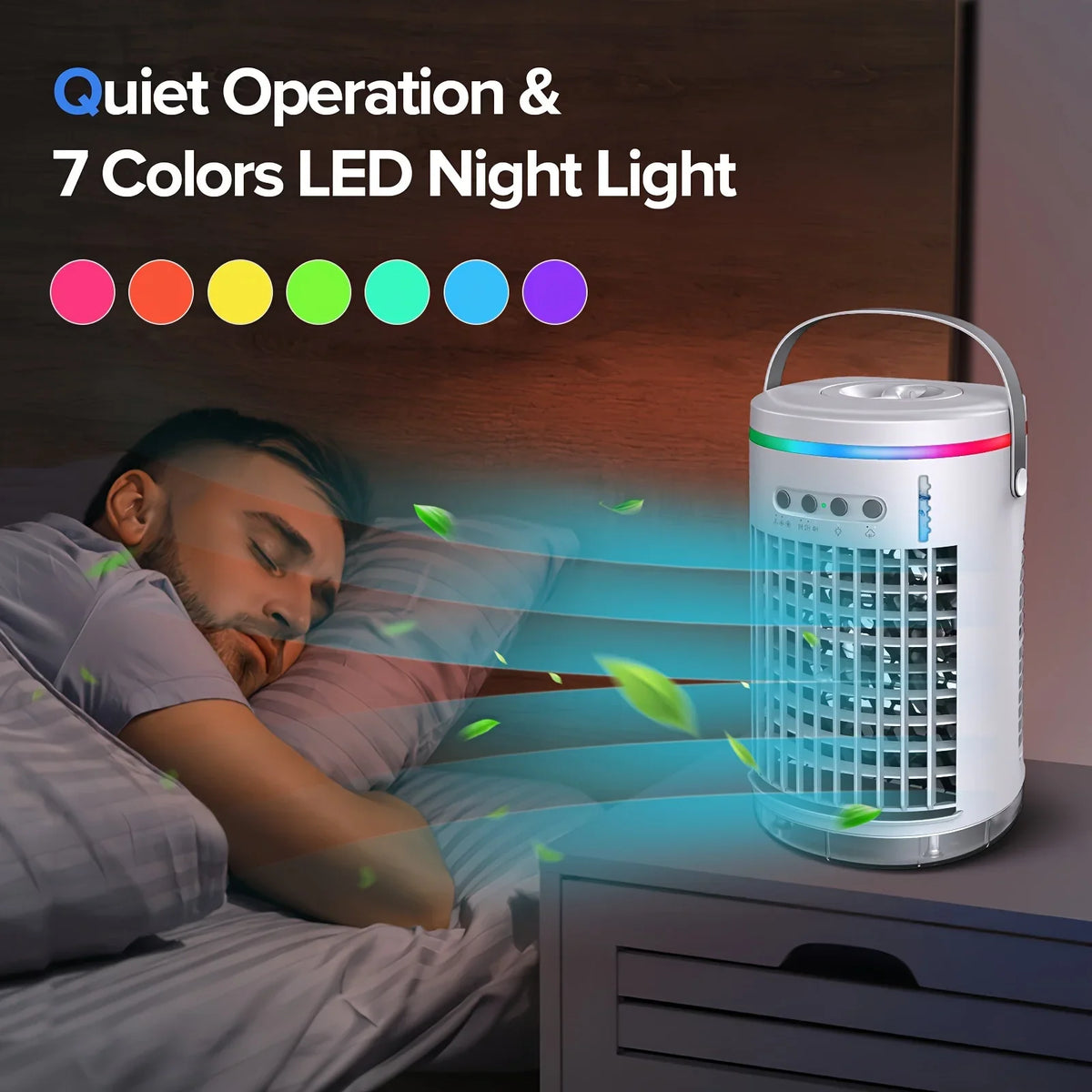 Portable Evaporative Cooler, 1400ml, 3 Speeds, USB, Remote, 7 LED Lights