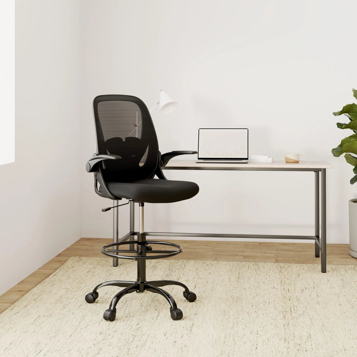 Ergonomic Drafting Chair With Adjustable Lumbar Support, Foot Ring And Flip-Up Armrests