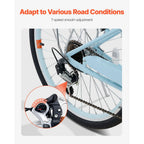 KFFKFF 26 in 7-Speed Cruiser Bike, Pale Blue With Front Basket And Rear Rack - SCB722-B