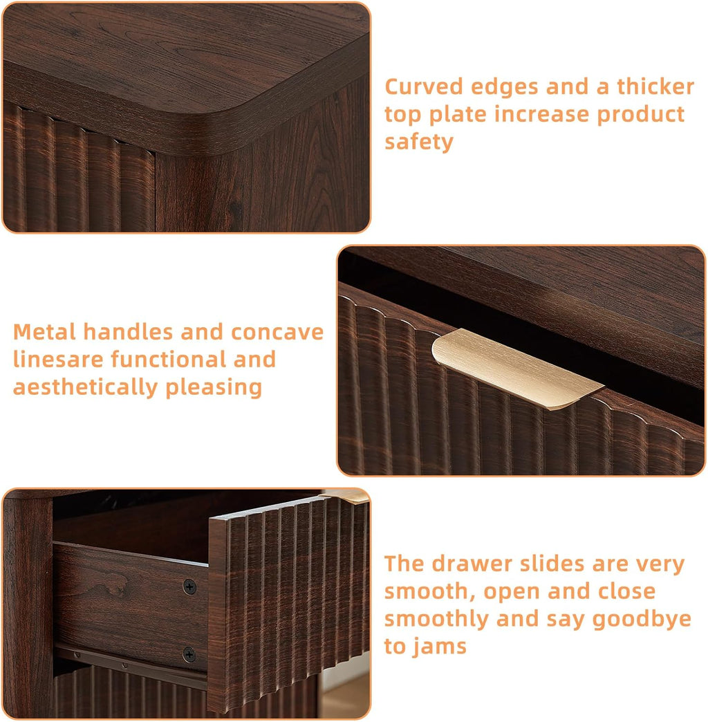 LEYAOYAO Fluted Farmhouse Nightstand Set Of 2, Walnut, 23 inch Wide, 3 Drawers With Charging Station