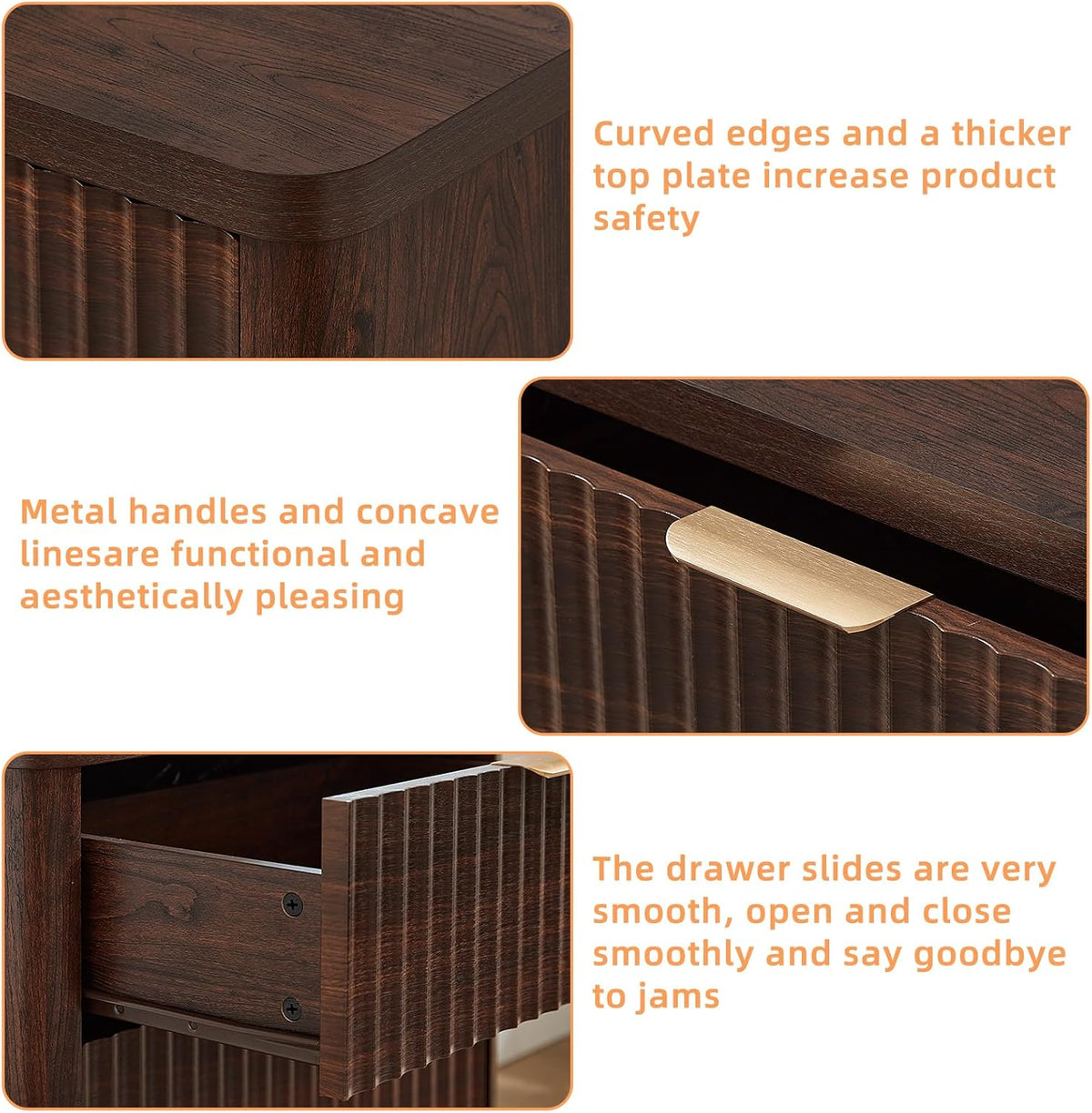 LEYAOYAO Fluted Farmhouse Nightstand Set Of 2, Walnut, 23 inch Wide, 3 Drawers With Charging Station