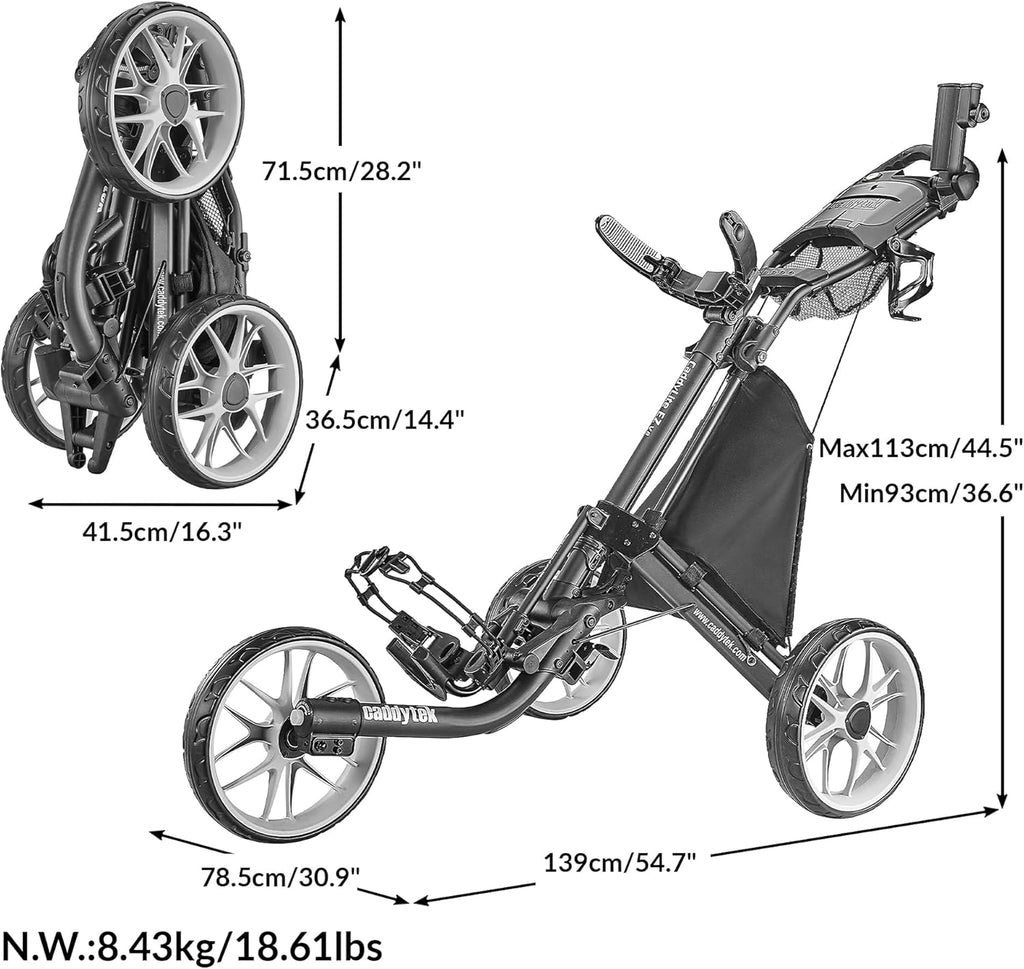 3-Wheel Foldable Golf Push Cart With Foot Brake - CaddyLite EZ V8