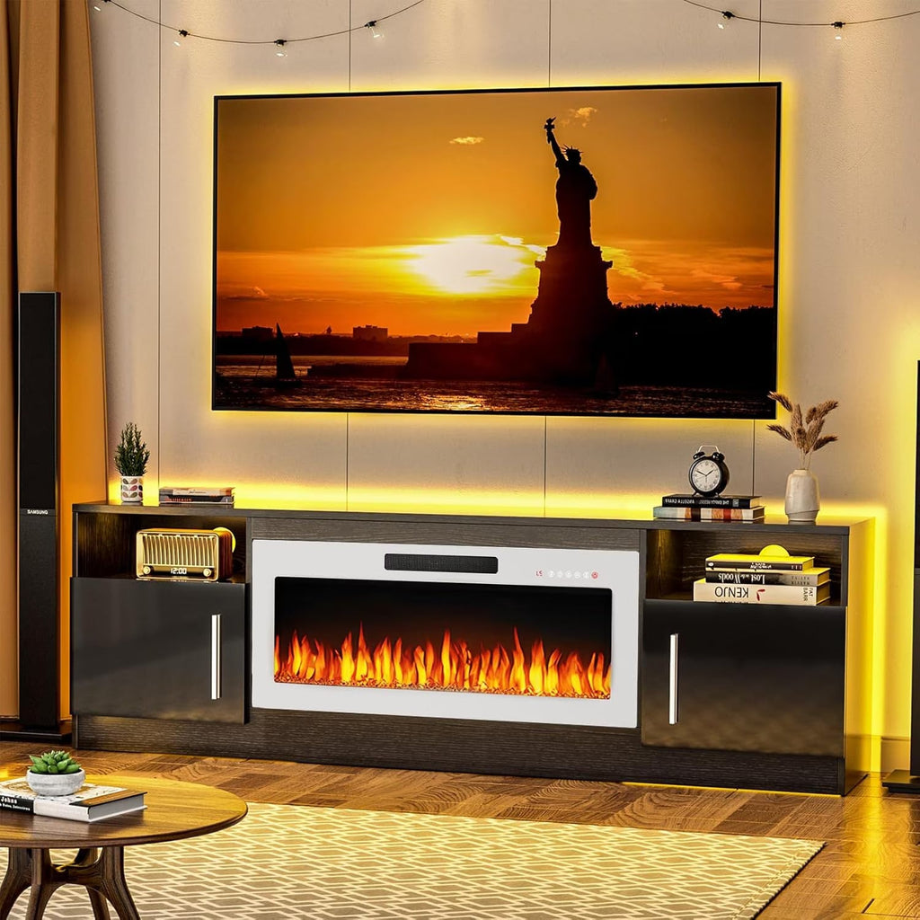 Waleaf TV Stand With 18 in Electric Fireplace And Adjustable Glass Shelves - TVs Up To 65 inch