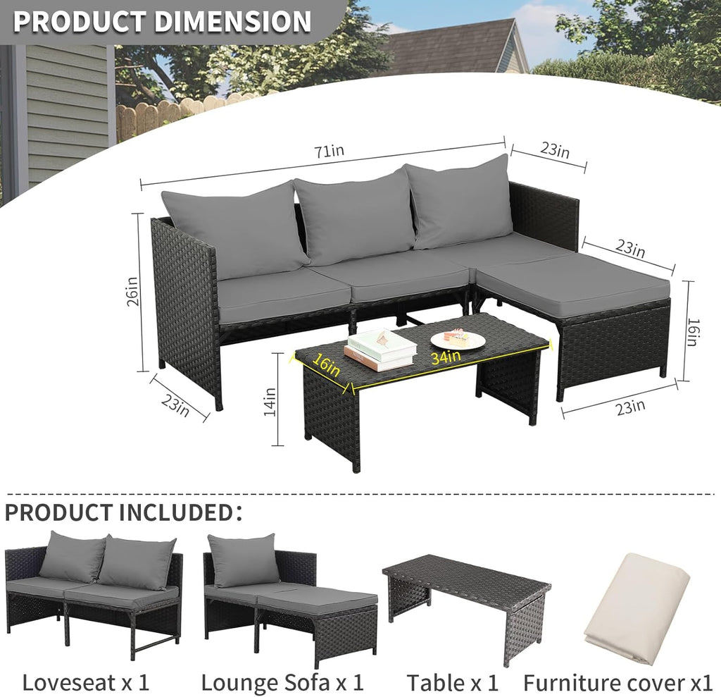 Valita 3-Piece Outdoor PE Rattan Patio Conversation Set With Cushions - 47 x 23 x 26 in Sofas, 34 x 16 x 14 in Table