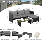 Valita 3-Piece Outdoor PE Rattan Patio Conversation Set With Cushions - 47 x 23 x 26 in Sofas, 34 x 16 x 14 in Table