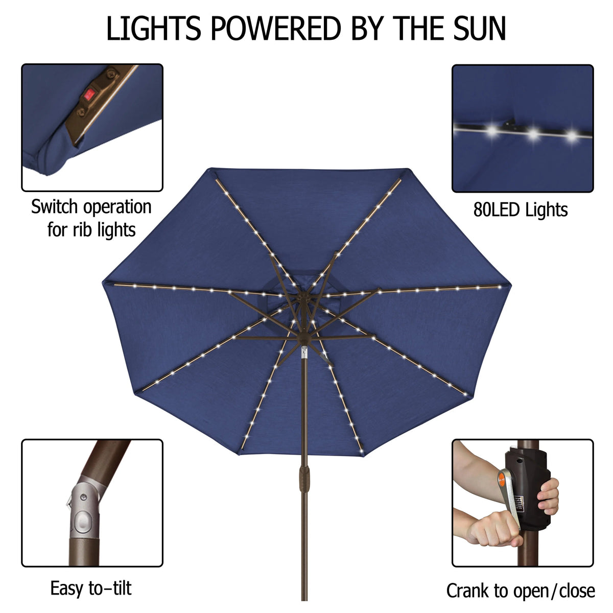 EliteShade 9ft Market Patio Umbrella With 80 LED Lights, Ruby