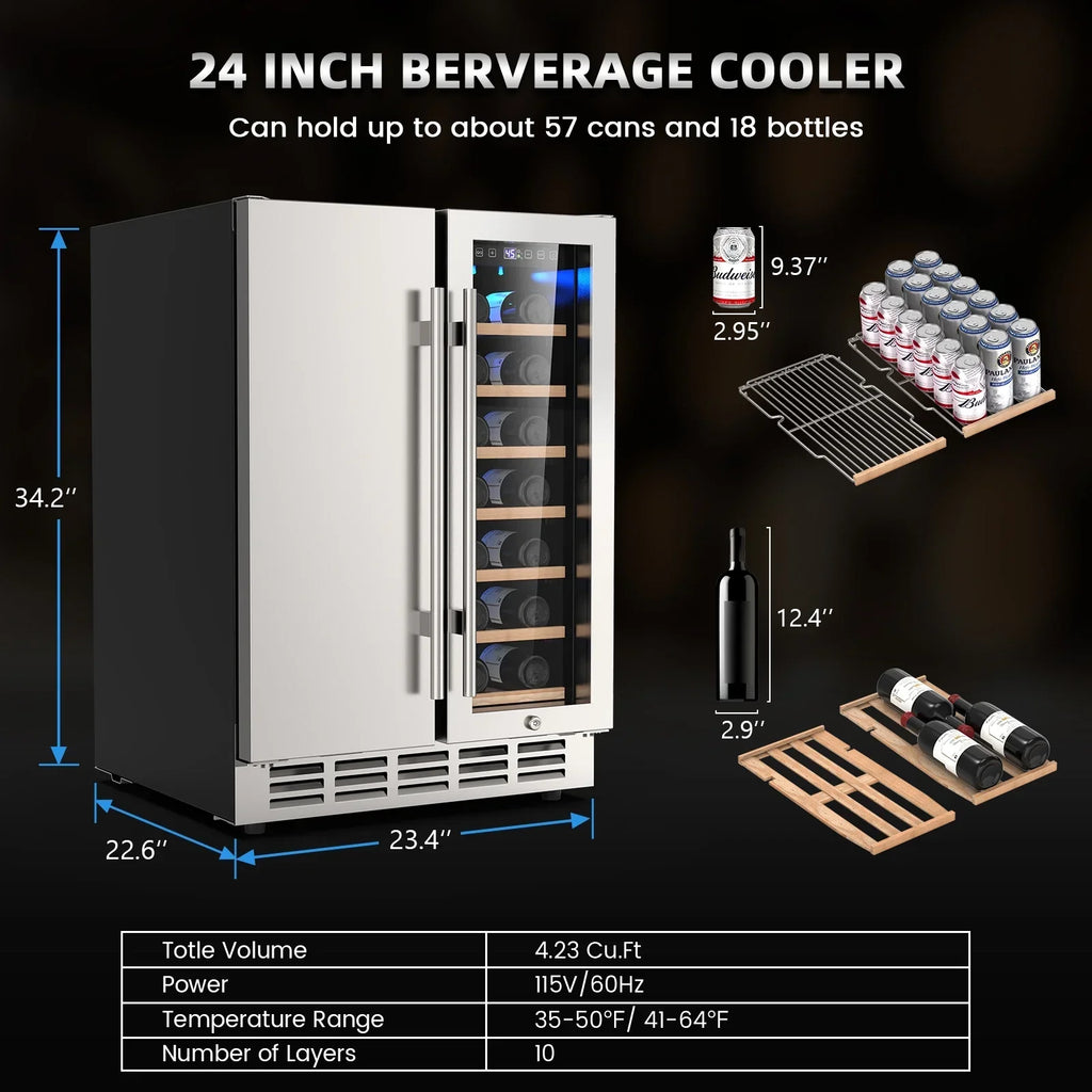 Ecojoy 24 Inch Dual Zone Wine And Beverage Refrigerator, 20 Bottles And 57 Cans