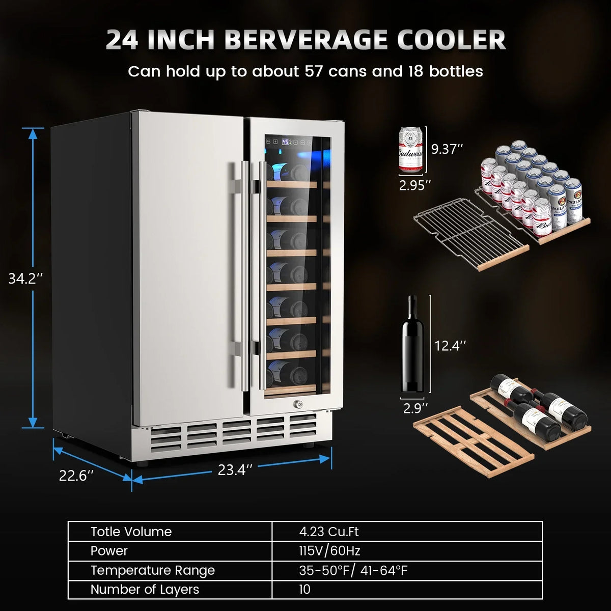 Ecojoy 24 Inch Dual Zone Wine And Beverage Refrigerator, 20 Bottles And 57 Cans