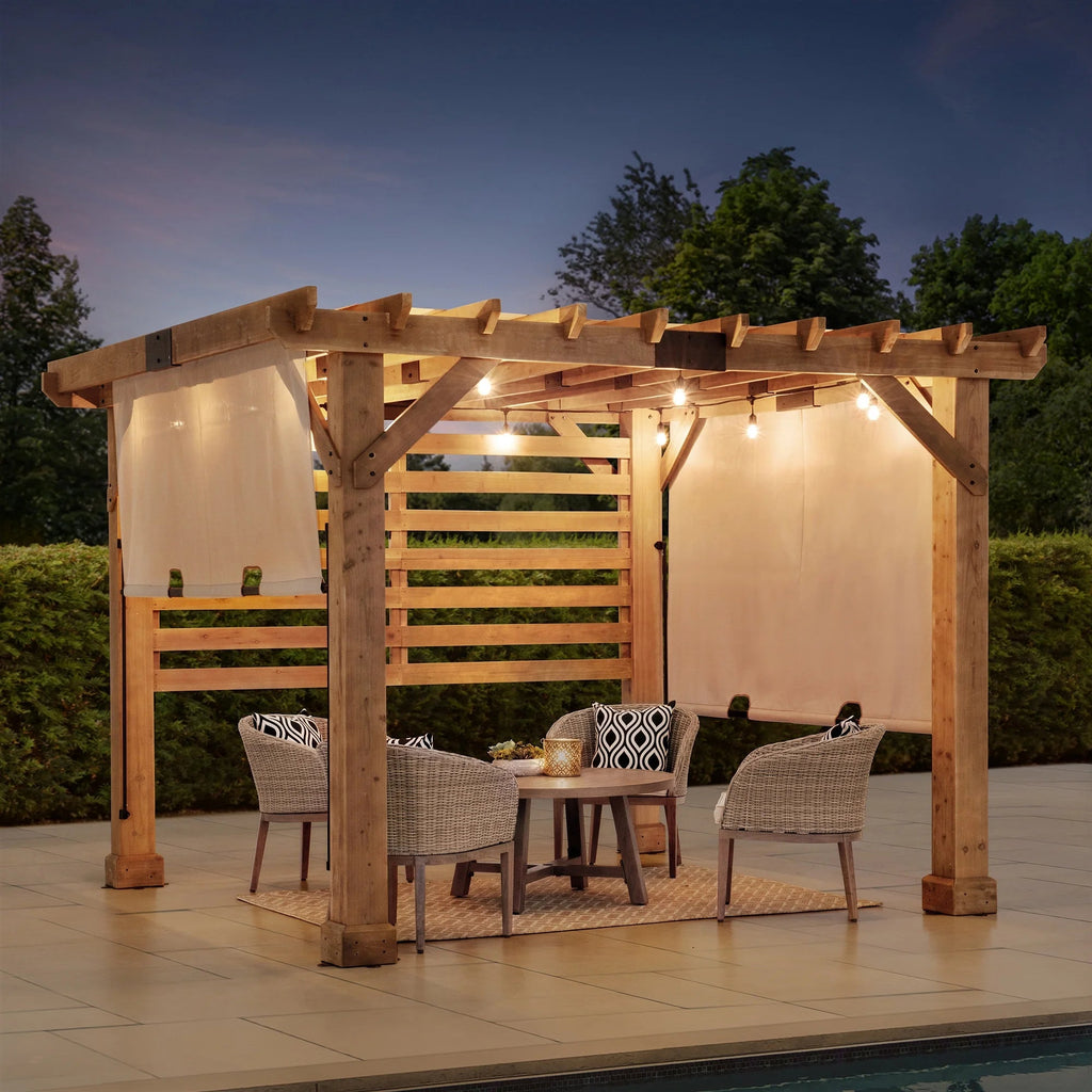 Sunjoy Cedar Wood Hot Tub Pergola 10 x 11 ft With Adjustable Canopy And Privacy Screen