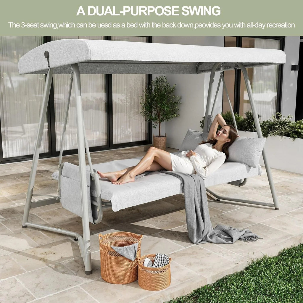 TQKVIPI 4 Person Outdoor Porch Swing Bed With Adjustable Backrest Canopy - 800 lbs Capacity