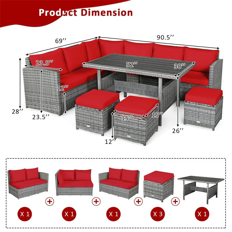 7-Piece Rattan Patio Dining Set With 3 Corner Chairs, 3 Ottomans And Table