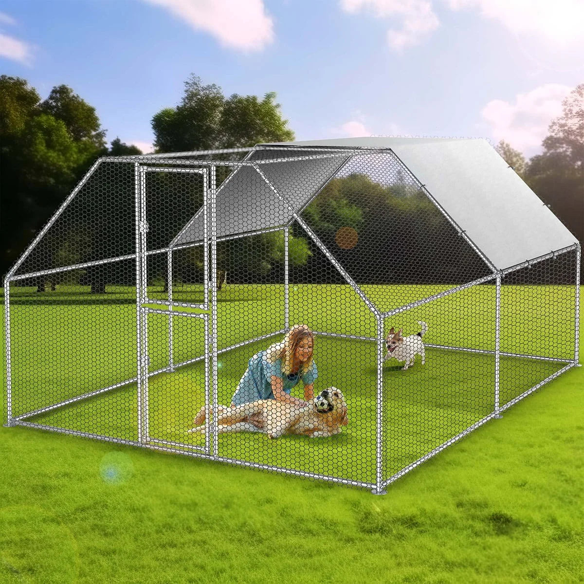 Dextrus Metal Chicken Coop With Waterproof Cover And Wire Mesh, 13.1 x 9.8 x 6.4 ft
