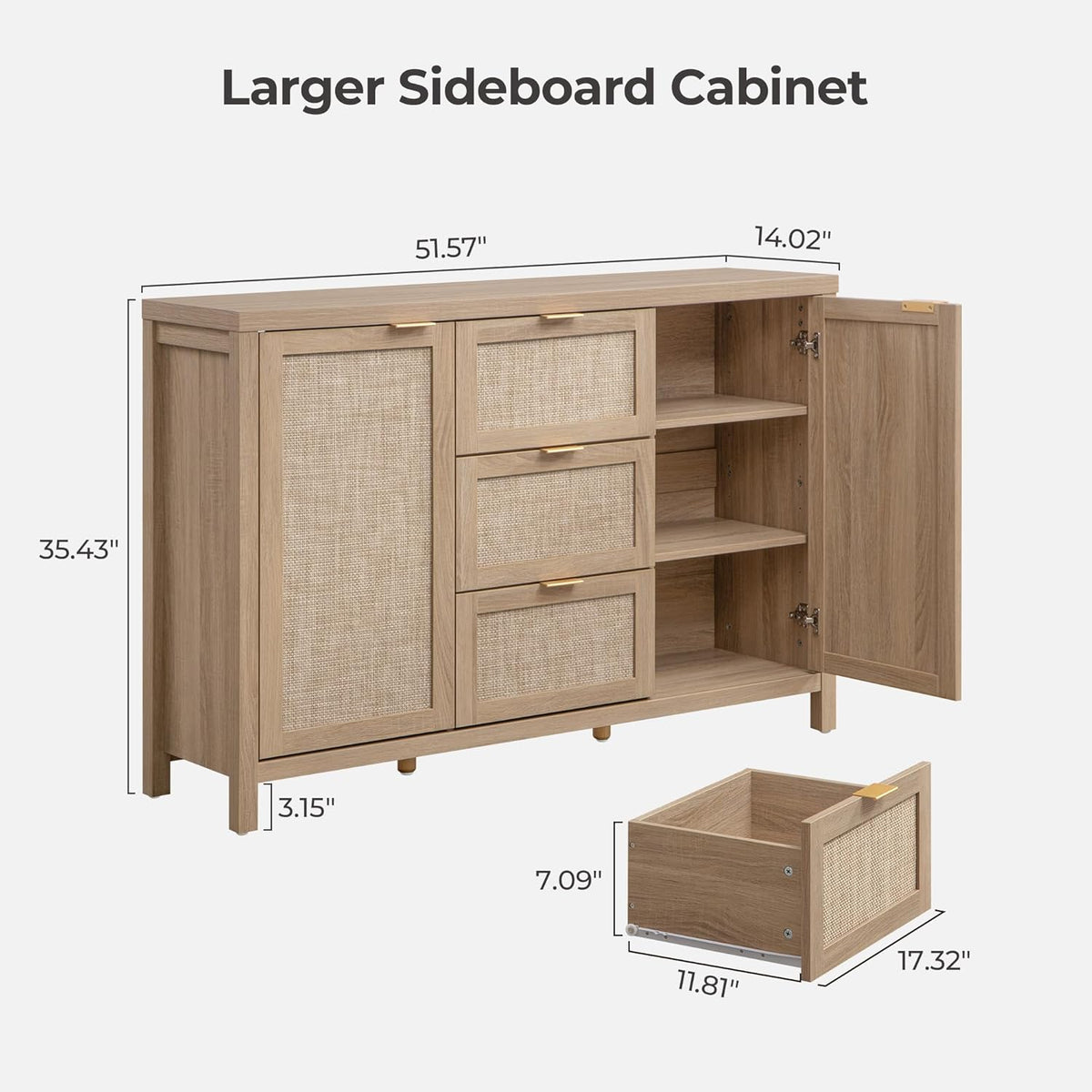SICOTAS Sideboard Buffet Coffee Bar Cabinet With 3 Drawers And 2 Doors, 52in - Light Oak
