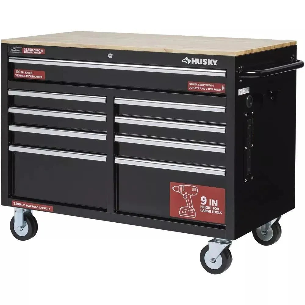 46 x 24 in 9-Drawer Gloss Black Mobile Workbench