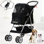 Folding Pet Stroller With 4 Wheels, Cup Holder And Storage Basket, Black