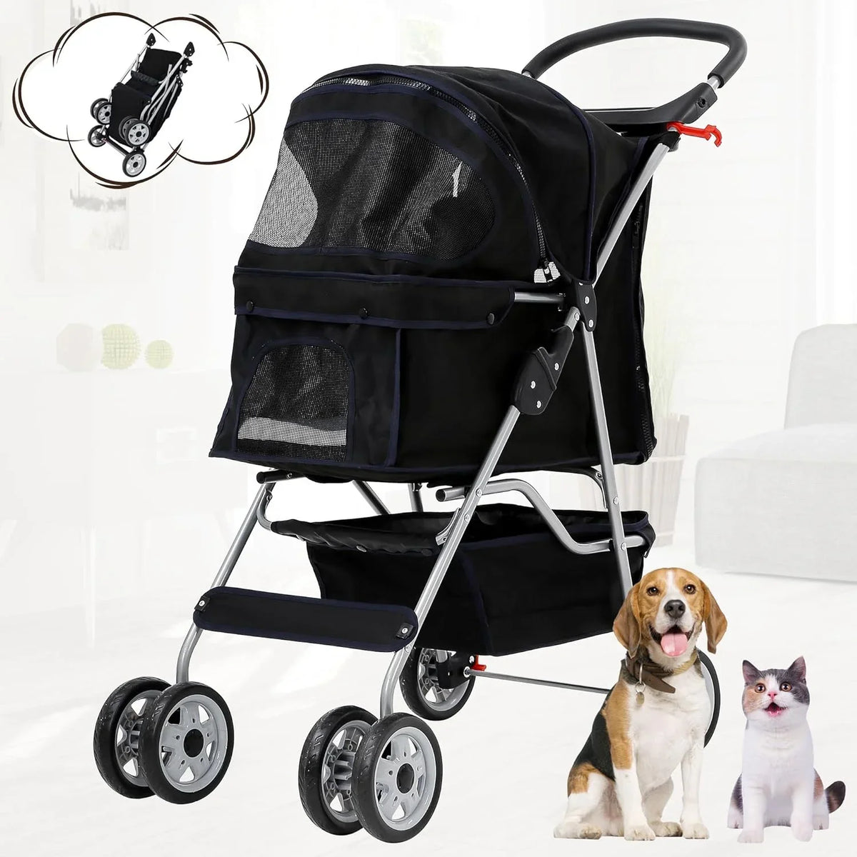 Folding Pet Stroller With 4 Wheels, Cup Holder And Storage Basket, Black