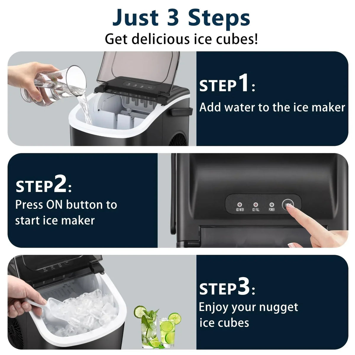 Joy Pebble Countertop Bullet Ice Maker With Handle, 9 Ice Cubes in 6 Mins, 26Lbs/24H
