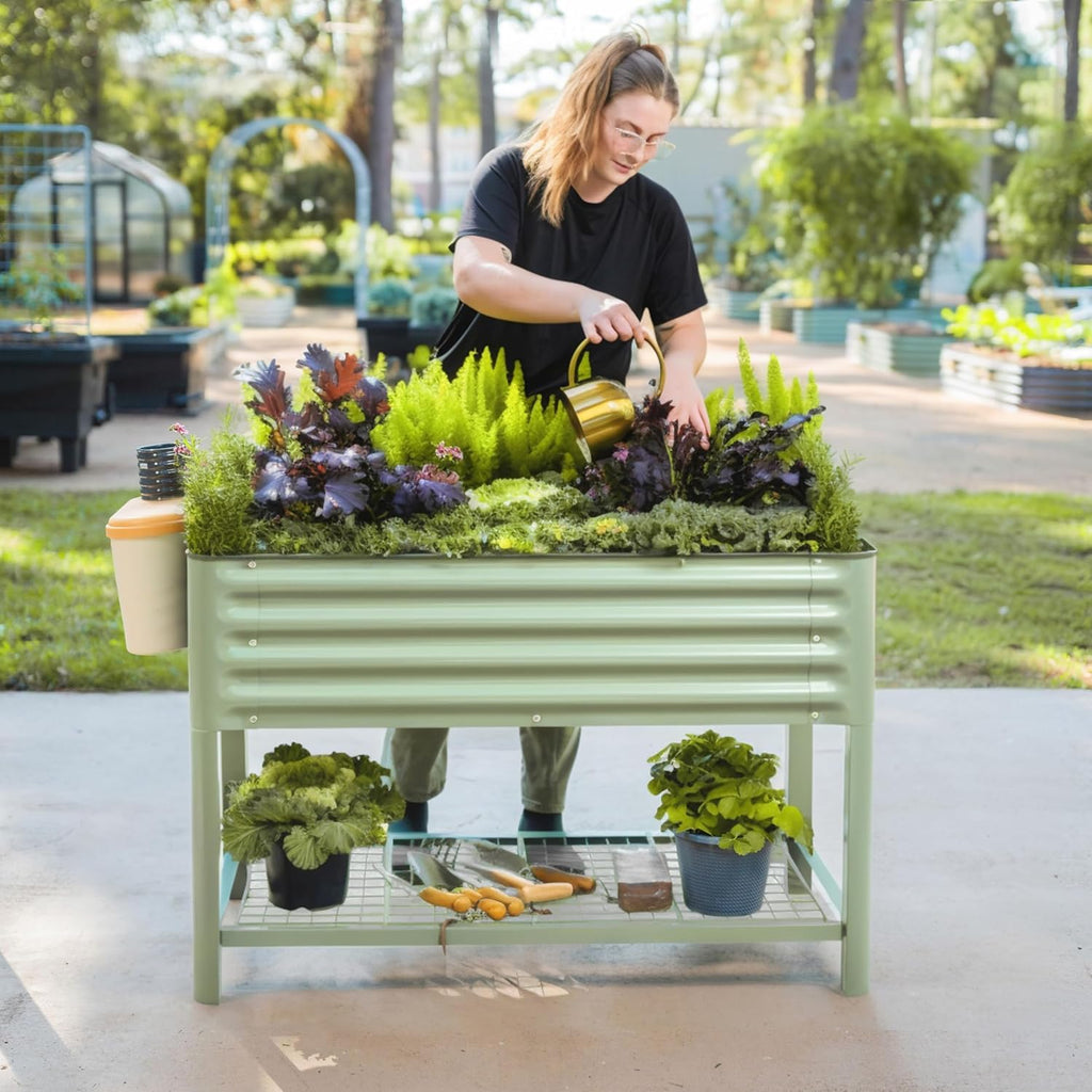 Vego Garden Elevated Raised Garden Bed With Legs And Storage Rack, 2' x 4', Olive Green - V Series