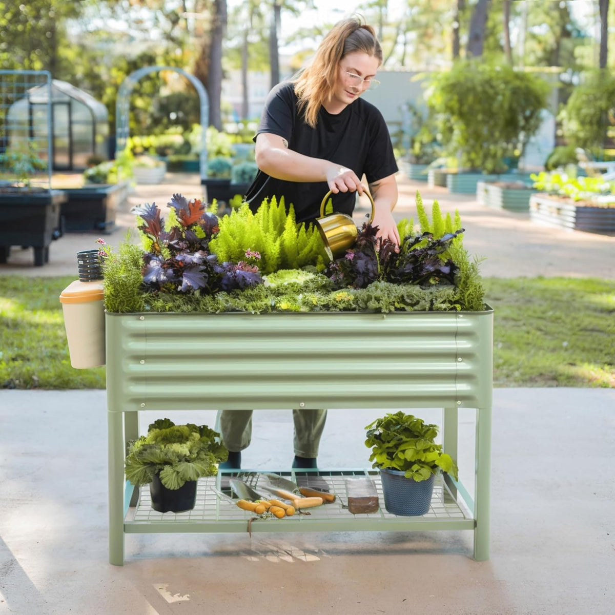 Vego Garden Elevated Raised Garden Bed With Legs And Storage Rack, 2' x 4', Olive Green - V Series