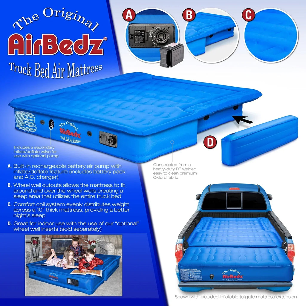 Airbedz By Pittman Outdoors Truck Bed Air Mattress Mid Size 5Ft-5.5Ft Short Bed With Rechargeable Pump And Tailgate Extension - PPI-AC5-105
