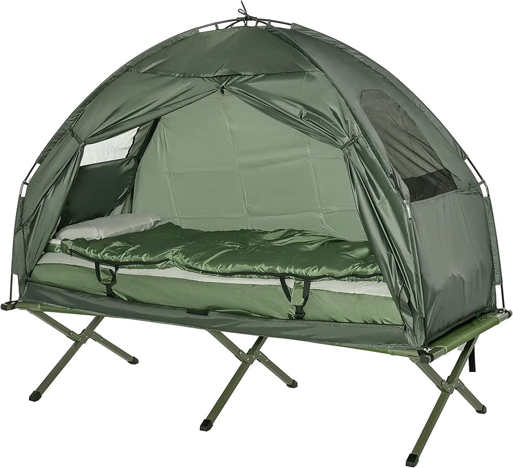 Outsunny Folding Camping Cot Tent Set With Sleeping Bag And Air Mattress, Green, 76in L x 32in W x 41in H - B2-0006