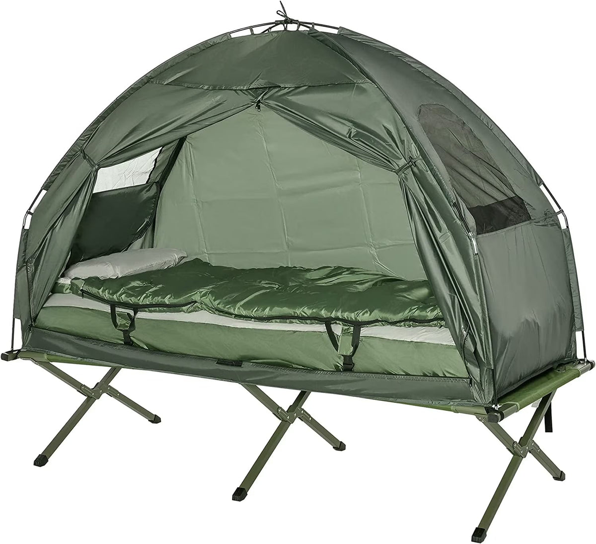 Outsunny Folding Camping Cot Tent Set With Sleeping Bag And Air Mattress, Green, 76in L x 32in W x 41in H - B2-0006