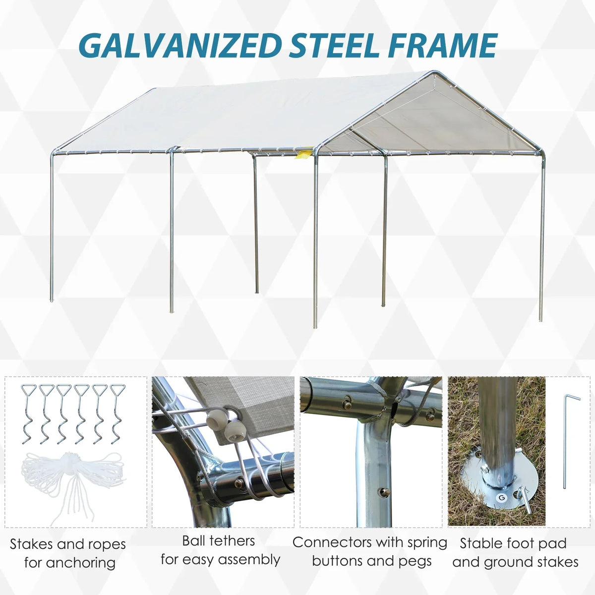 Outsunny Galvanized Steel Carport Canopy 10' x 20', White - 3 Reinforced Steel Cables