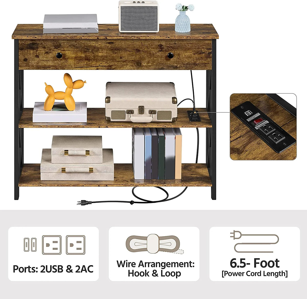 Console Table With Drawer And 3 Tier Storage Shelves