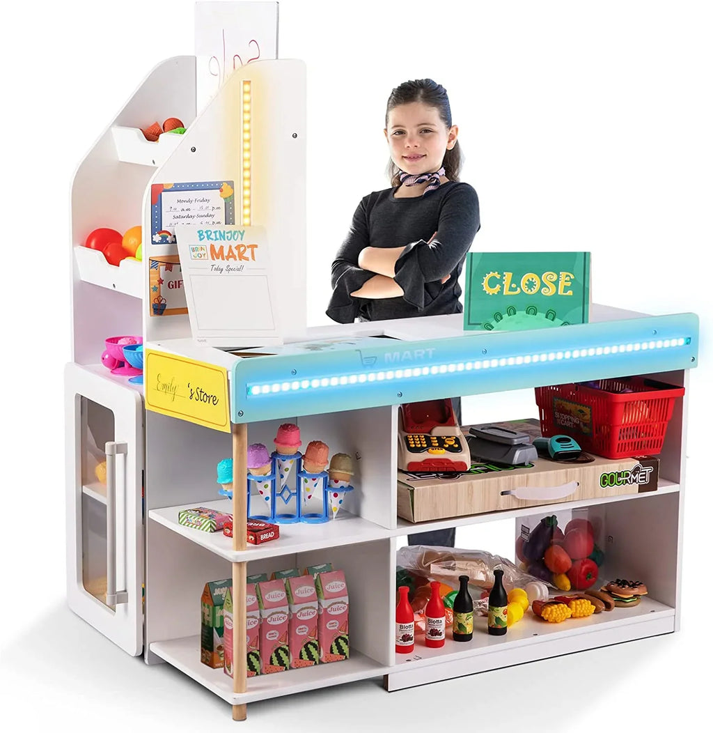 BRINJOY Kids Grocery Store Pretend Play Set With LED Lights And Acrylic Sheet, 35.6 x 24.4 x 43.3 in