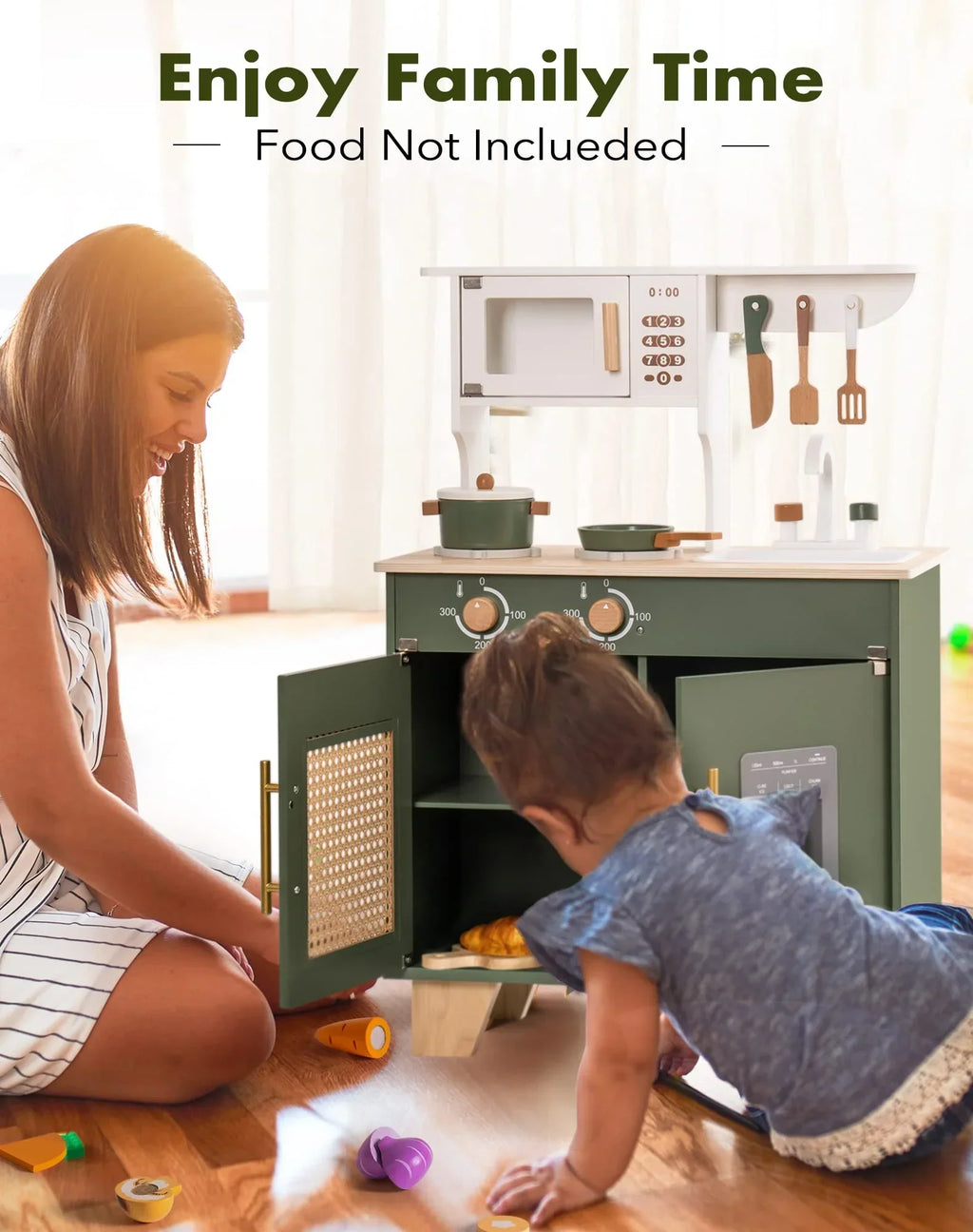 Robud Wooden Kids Kitchen Play Set With Ice Maker, Vintage Green, Ages 3+ - 21.65 x 11.65 x 31.5 in