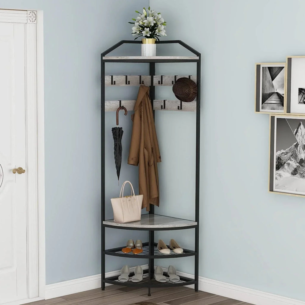 DONFU Corner Hall Tree With Shoe Bench, 10 Movable Metal Hooks, Greige