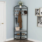 DONFU Corner Hall Tree With Shoe Bench, 10 Movable Metal Hooks, Greige