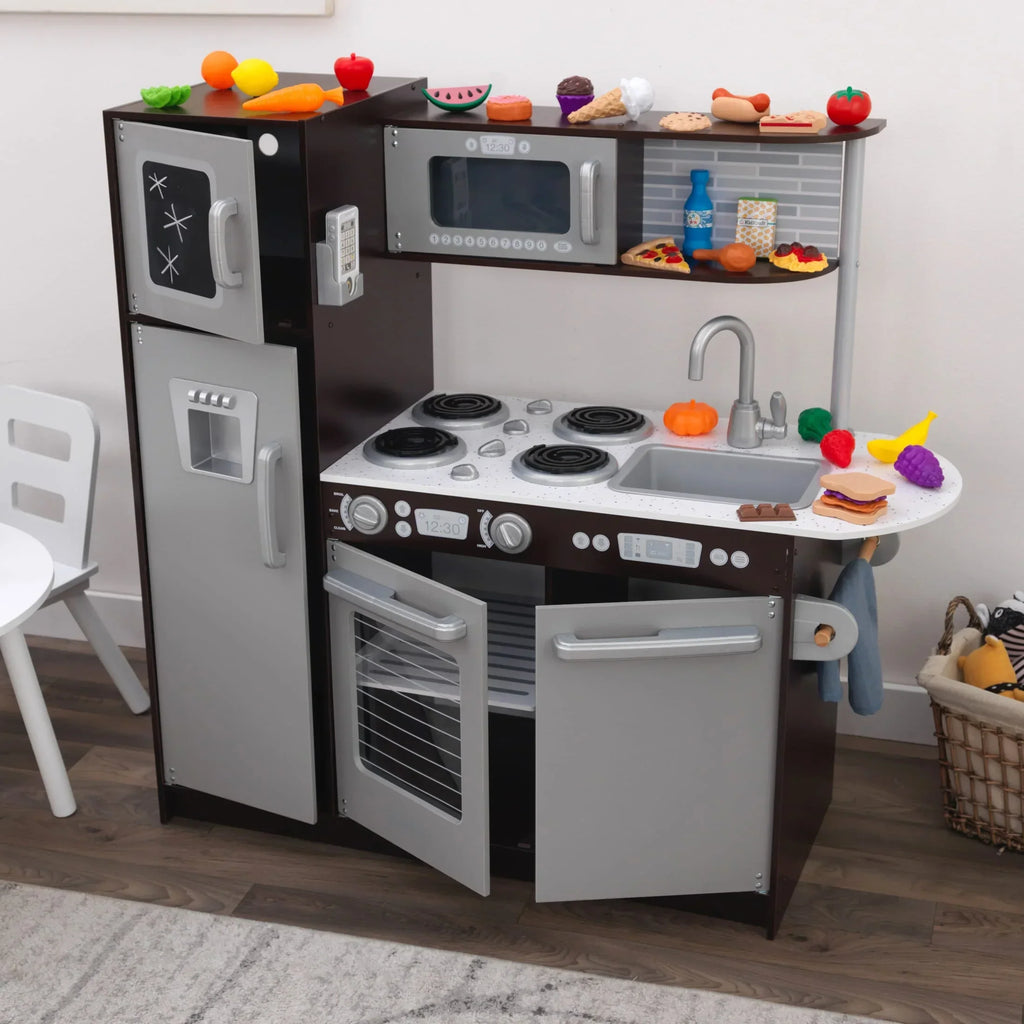 KidKraft Uptown Espresso Wooden Play Kitchen With 30-Piece Play Food Accessories