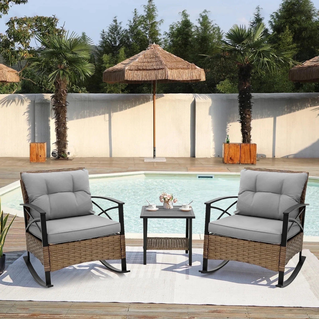 Seizeen 3-Piece Patio Conversation Set With Rocking Chairs And 2-Tier Coffee Table