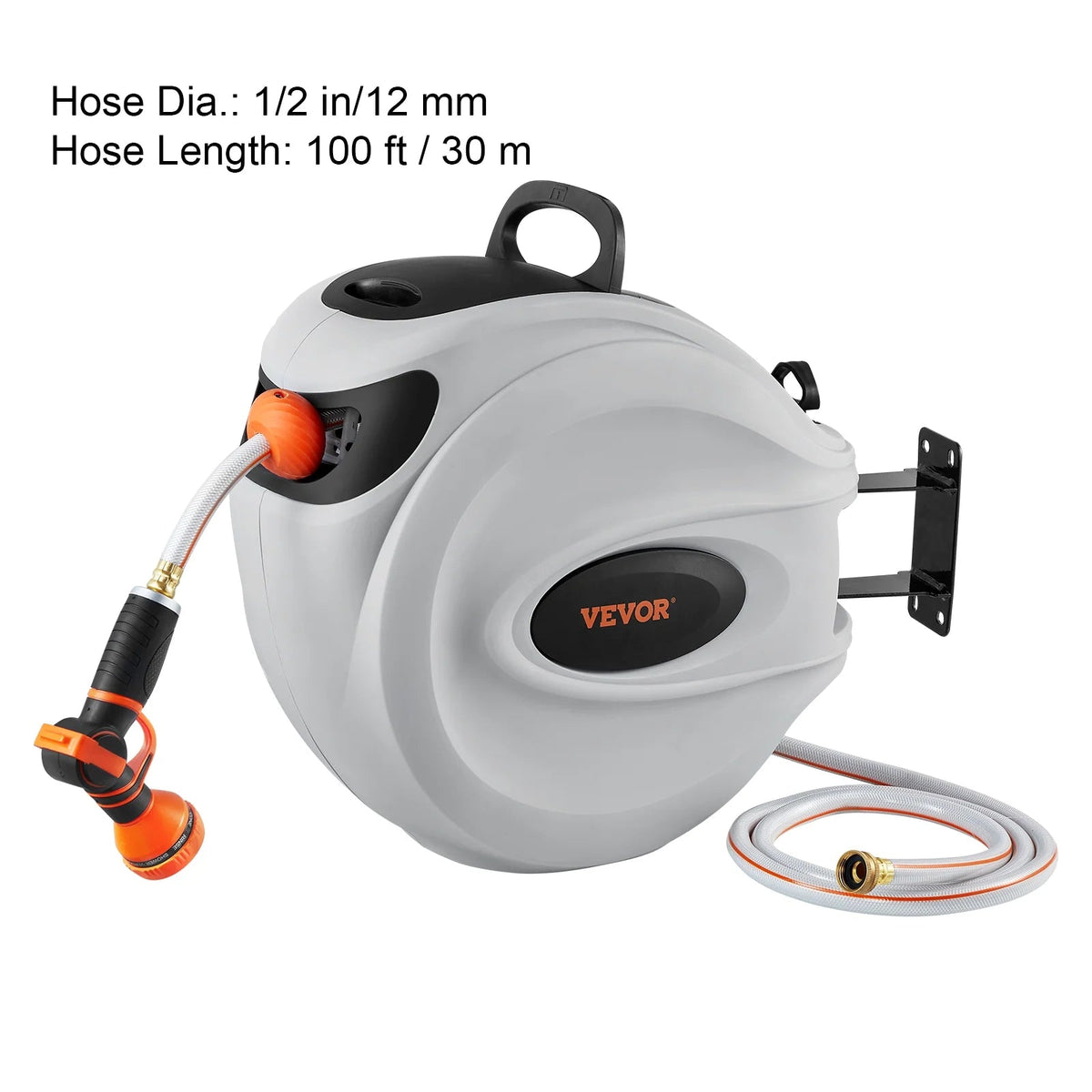 VEVOR Retractable Garden Hose Reel, 100 ft x 1/2 inch, Wall-Mounted With 9-Pattern Nozzle