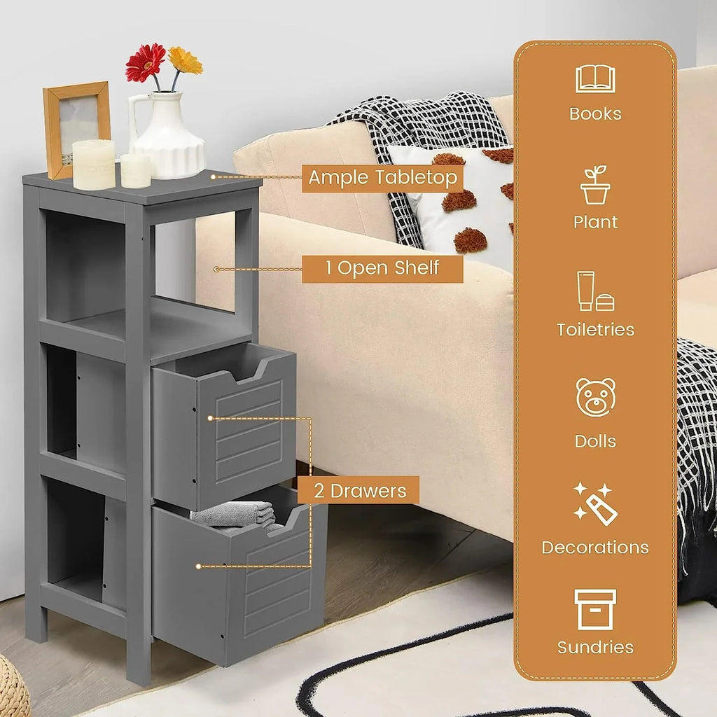 Freestanding Wooden Bathroom Storage Cabinet With 2 Adjustable Drawers - Gray