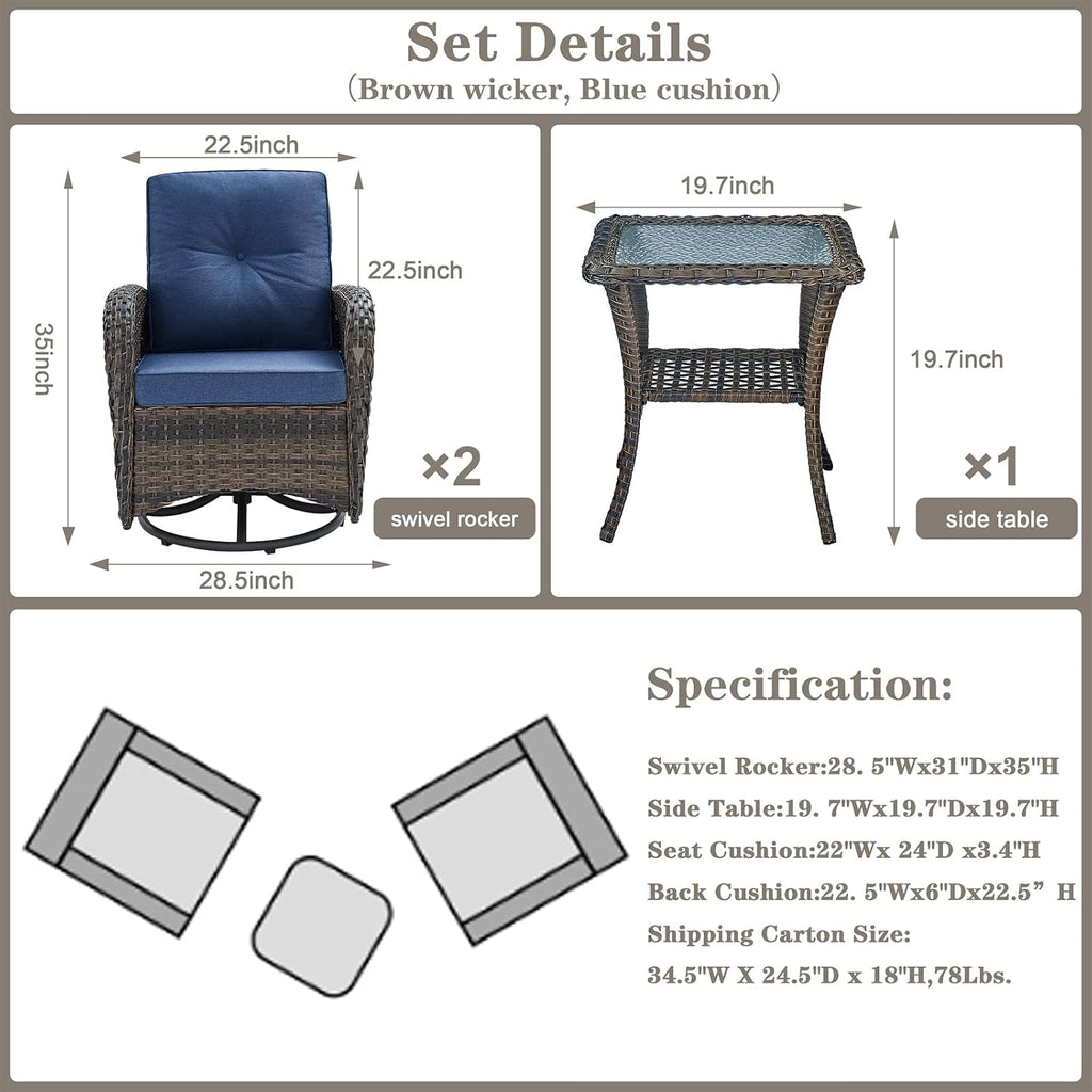Belord 3-Piece Patio Swivel Rocking Chair Set With Side Table - Brown/Blue