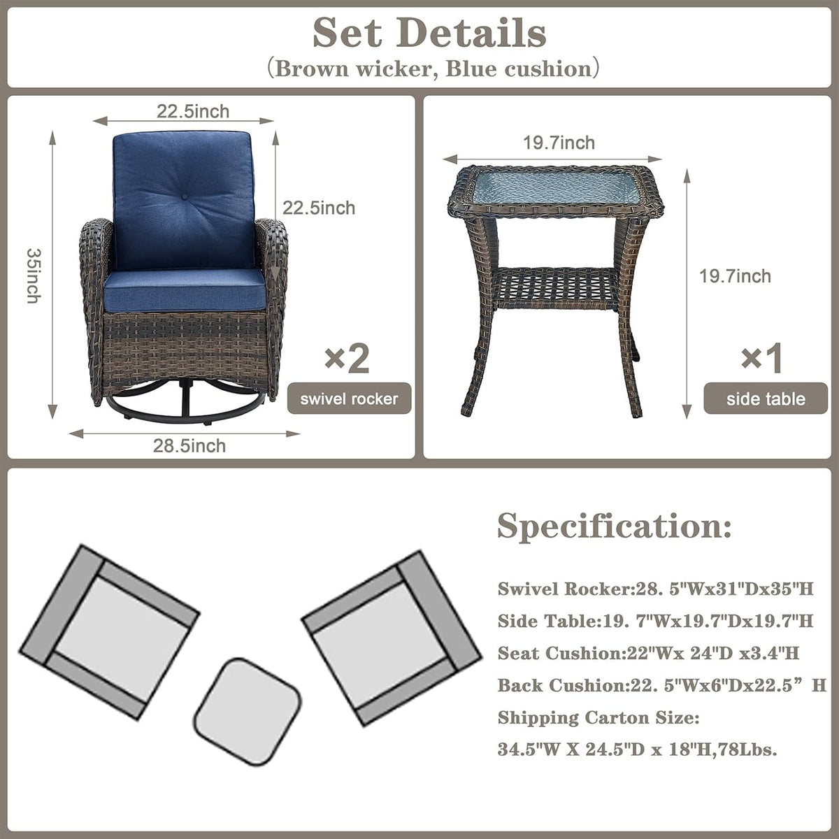 Belord 3-Piece Patio Swivel Rocking Chair Set With Side Table - Brown/Blue