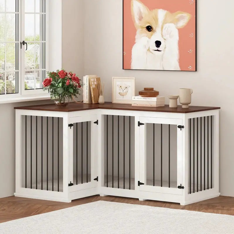 L-Shaped Corner Dog Crate Furniture For 2 Dogs, 58.7 x 41.1