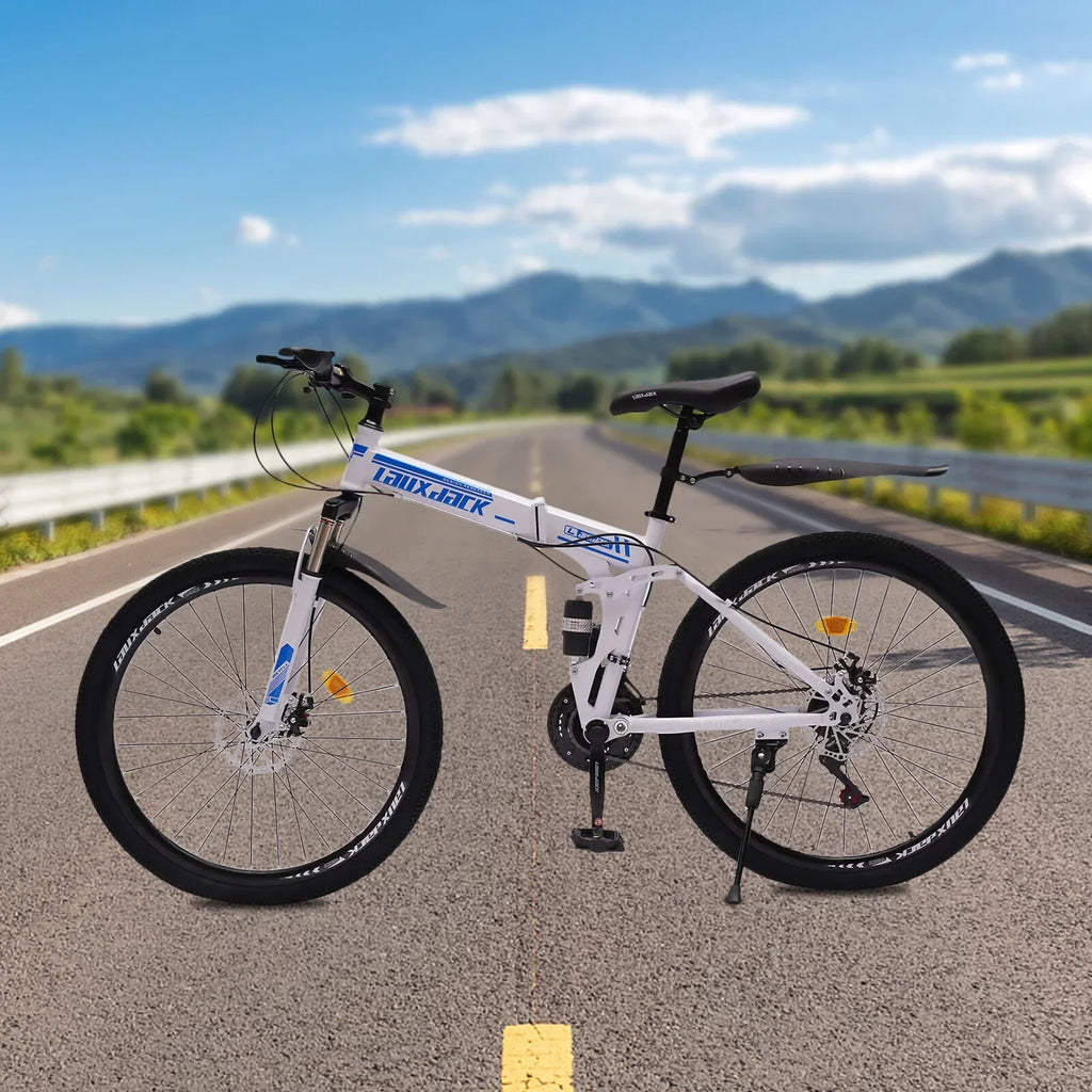 Outroad 26 inch 21 Speed Full Suspension Folding Mountain Bike, High-Carbon Steel, Double Disc Brakes - 120kg Capacity
