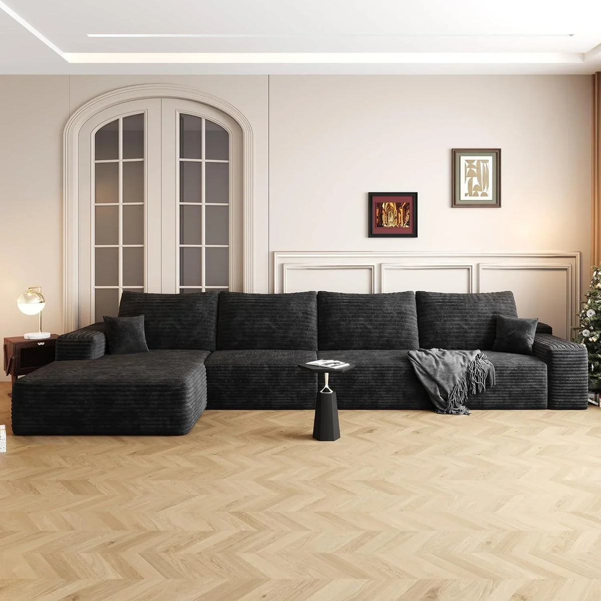 Oversized 135in 3-Piece Corduroy Upholstered Sectional Sofa With Deep Seat - Full Foam