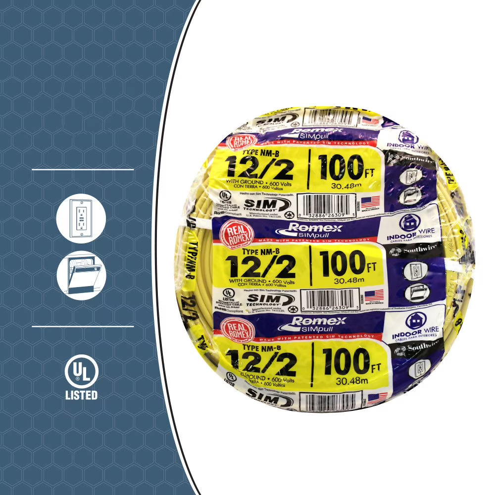 Southwire 12/2 100' Yellow NM-B Indoor Electrical Wire With Ground - 28828228