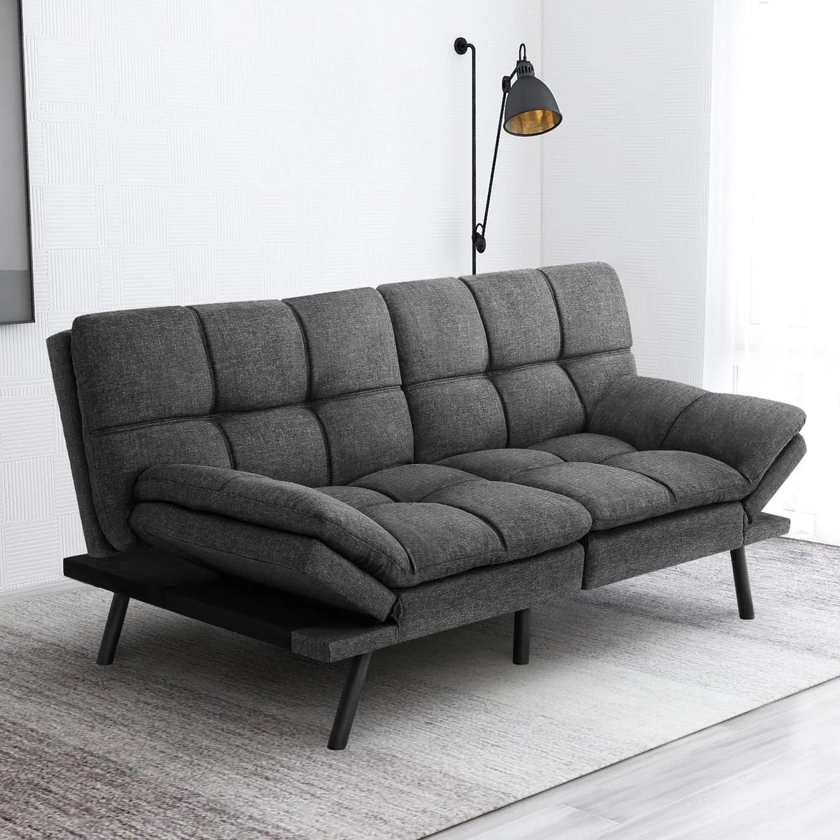 Memory Foam Futon Sofa Bed With Adjustable Armrests And Backrest - Gray