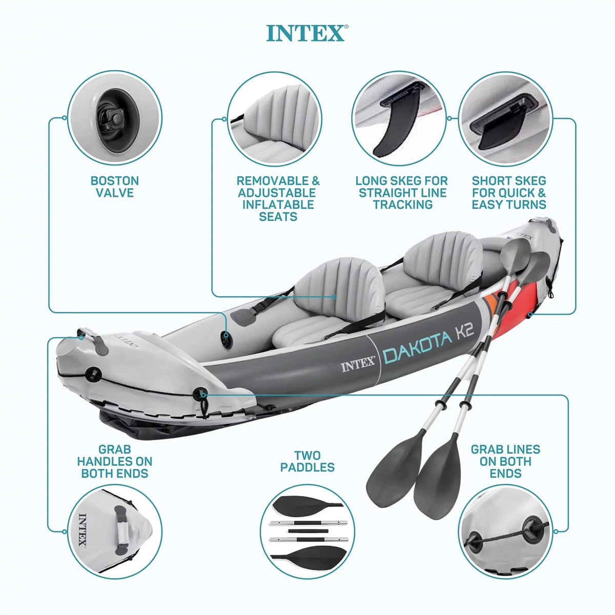 Intex Dakota K2 2-Person Vinyl Inflatable Kayak With Oars And Pump - Open Box