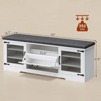 Farmhouse Shoe Storage Bench With Cushion, 31.4in, Metal Barn Door, Old White