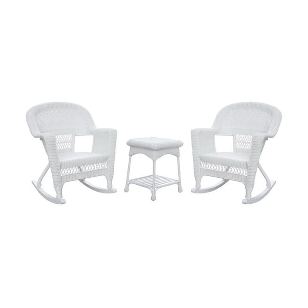 Jeco Resin Wicker Outdoor Patio Rocker Chair And End Table Set, 3-Piece, White