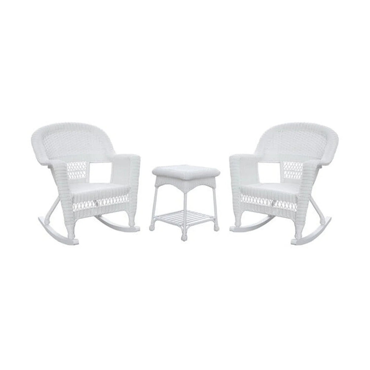 Jeco Resin Wicker Outdoor Patio Rocker Chair And End Table Set, 3-Piece, White