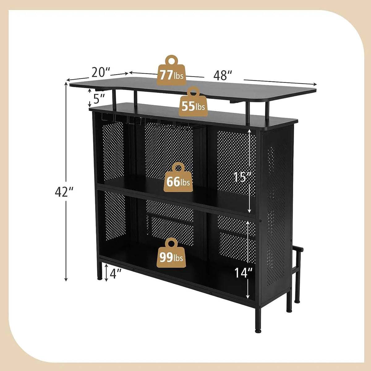 FJU 4-Tier Home Bar Cabinet With 2 Wine Storage Shelves, 6 Stemware Holders, Metal Front And Footrest, Black - 48 x 20 x 42 in